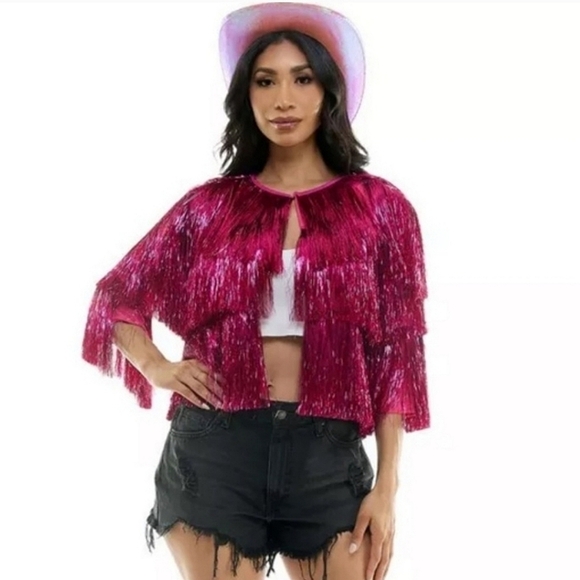 Pink Fringe Three Tiered Tinsel Jacket NWT - Picture 1 of 5